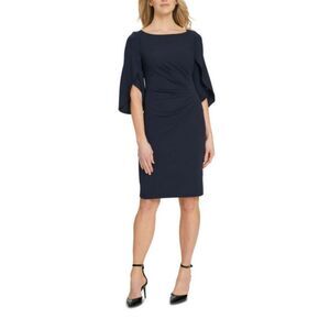 DKNY Dress Womens 16 Navy Blue Flutter Sleeve Ruched Formal Sheath Party Holiday